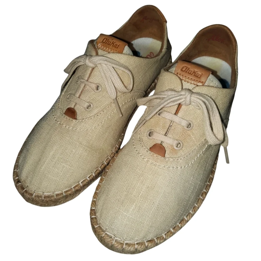 OLUKAI Kaula Pa'a Li Cream Linen LaceUp Boho Minimalist‎ Espadrille Flats Size 7